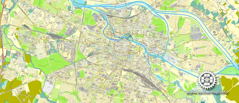Vector Map Wroclaw, Poland, printable vector street map, City Plan, full editable, CorelDraw, Royalty free, full vector, scalable, editable, text format street names, 25,7 mb ZIP