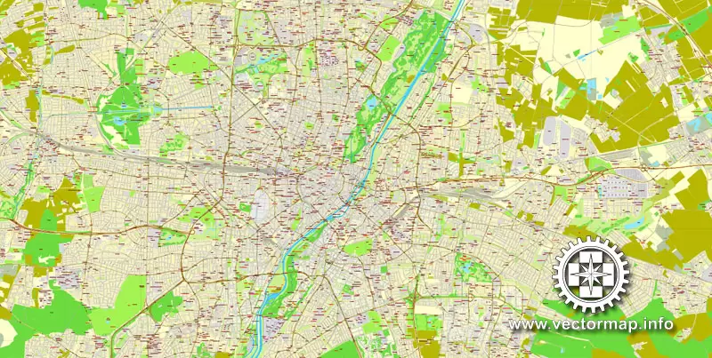 PDF Map Munich / München, Germany, printable vector street map, City Plan V.2, full editable, Adobe PDF, Royalty free, full vector, scalable, editable, text format street names, 53 mb ZIP