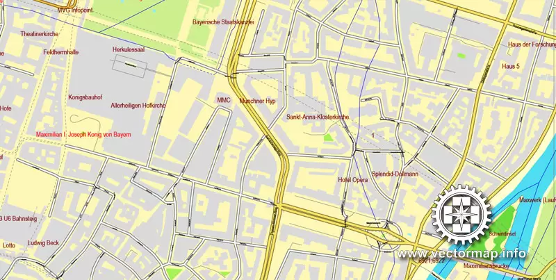 PDF Map Munich / München, Germany, printable vector street map, City Plan V.2, full editable, Adobe PDF, Royalty free, full vector, scalable, editable, text format street names, 53 mb ZIP