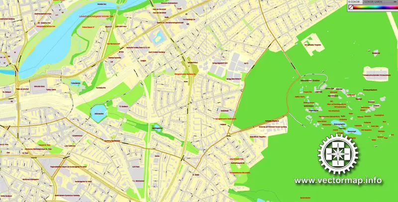 Vector Map Nuremberg, Germany, printable vector street map, City Plan V.3 full editable, Adobe Illustrator, Royalty free, full vector, scalable, editable, text format street names, 26,5 mb ZIP All streets, All buildings.