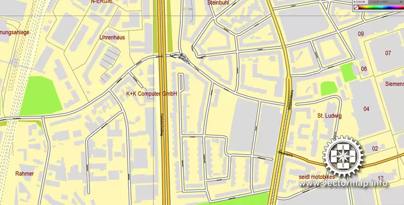 Vector Map Nuremberg, Germany, printable vector street map, City Plan V.3 full editable, Adobe Illustrator, Royalty free, full vector, scalable, editable, text format street names, 26,5 mb ZIP All streets, All buildings.
