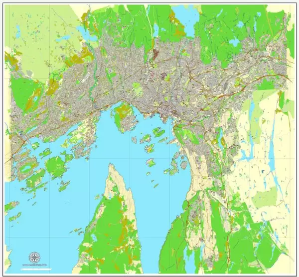Vector Map Oslo, Norway, printable vector street map, City Plan V.2 full editable, Adobe Illustrator, Royalty free, full vector, scalable, editable, text format street names, 15,1 mb ZIP All streets, All buildings.