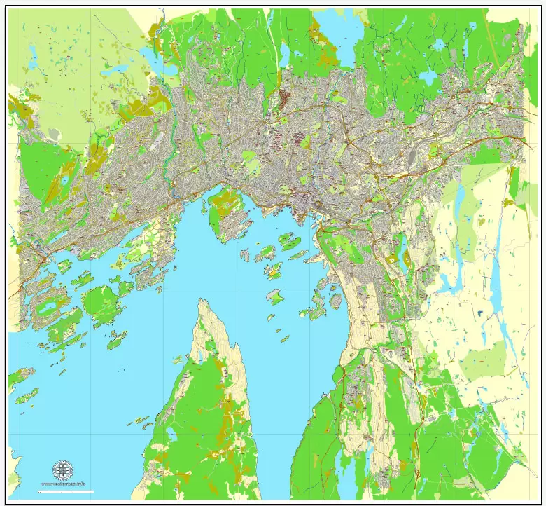 Vector Map Oslo, Norway, printable vector street map, City Plan V.2 full editable, Adobe Illustrator, Royalty free, full vector, scalable, editable, text format street names, 15,1 mb ZIP All streets, All buildings.