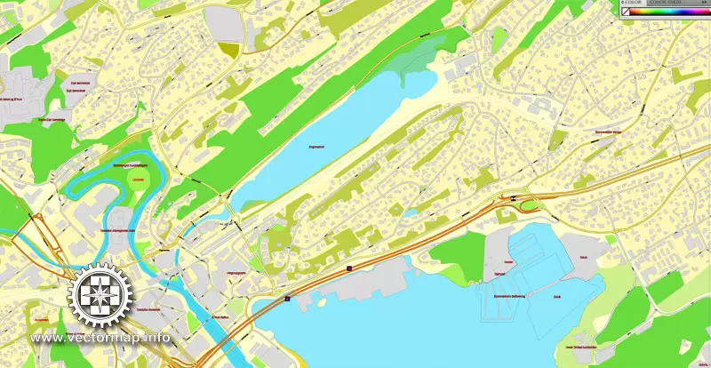 Vector Map Oslo, Norway, printable vector street map, City Plan V.2 full editable, Adobe Illustrator, Royalty free, full vector, scalable, editable, text format street names, 15,1 mb ZIP All streets, All buildings.