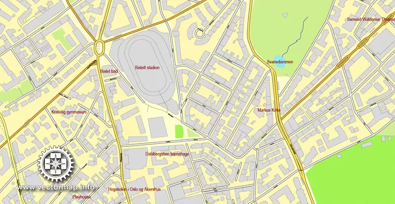 Vector Map Oslo, Norway, printable vector street map, City Plan V.2 full editable, Adobe Illustrator, Royalty free, full vector, scalable, editable, text format street names, 15,1 mb ZIP All streets, All buildings.