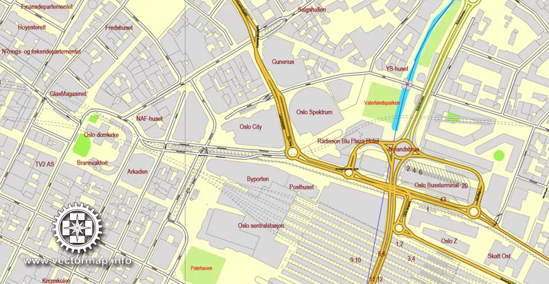Vector Map Oslo, Norway, printable vector street map, City Plan V.2 full editable, Adobe Illustrator, Royalty free, full vector, scalable, editable, text format street names, 15,1 mb ZIP All streets, All buildings.