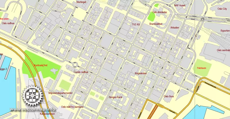 Vector Map Oslo, Norway, printable vector street map, City Plan V.2 full editable, Adobe Illustrator, Royalty free, full vector, scalable, editable, text format street names, 15,1 mb ZIP All streets, All buildings.