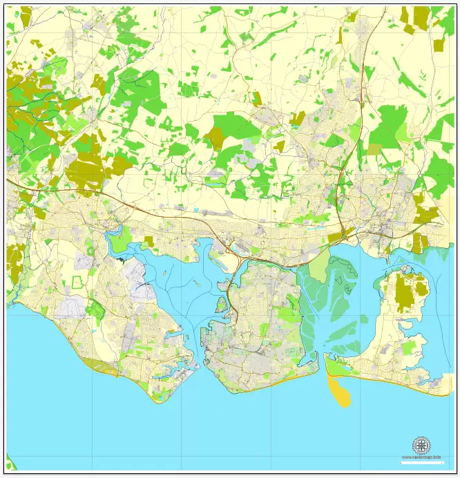 Vector Map Portsmouth, England, printable vector street map, City Plan full editable, Adobe Illustrator, Royalty free, full vector, scalable, editable, text format street names, 7,1 mb ZIP All streets, All buildings.