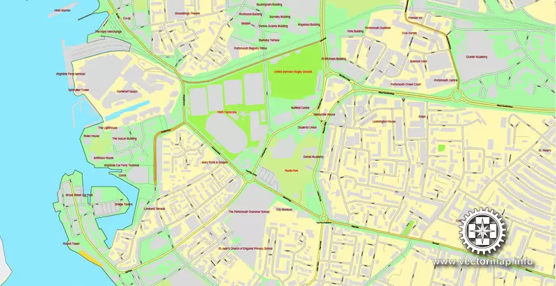 Vector Map Portsmouth, England, printable vector street map, City Plan full editable, Adobe Illustrator, Royalty free, full vector, scalable, editable, text format street names, 7,1 mb ZIP All streets, All buildings.