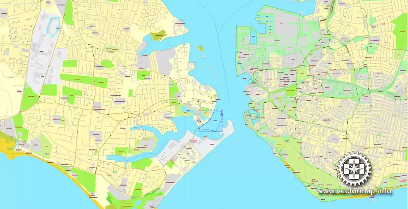 Vector Map Portsmouth, England, printable vector street map, City Plan full editable, Adobe Illustrator, Royalty free, full vector, scalable, editable, text format street names, 7,1 mb ZIP All streets, All buildings.