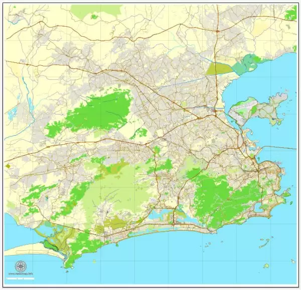 Vector Map Rio de Janeiro, Brazil, printable vector street  map, City Plan V.3  full editable, Adobe Illustrator, Royalty free, full vector, scalable, editable, text format street names, 19,8 mb ZIP