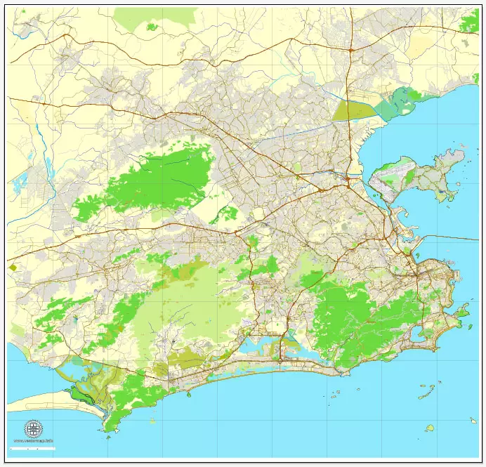 Vector Map Rio de Janeiro, Brazil, printable vector street map, City Plan V.3 full editable, Adobe Illustrator, Royalty free, full vector, scalable, editable, text format street names, 19,8 mb ZIP