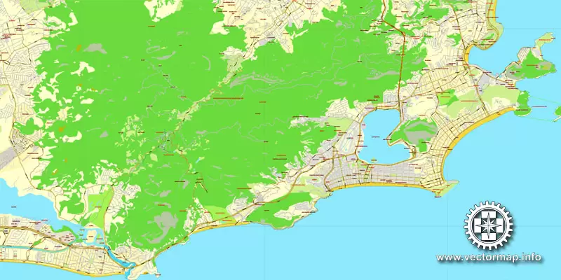 Vector Map Rio de Janeiro, Brazil, printable vector street map, City Plan V.3 full editable, Adobe Illustrator, Royalty free, full vector, scalable, editable, text format street names, 19,8 mb ZIP