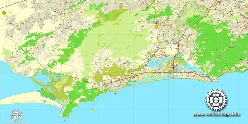 Vector Map Rio de Janeiro, Brazil, printable vector street map, City Plan V.3 full editable, Adobe Illustrator, Royalty free, full vector, scalable, editable, text format street names, 19,8 mb ZIP