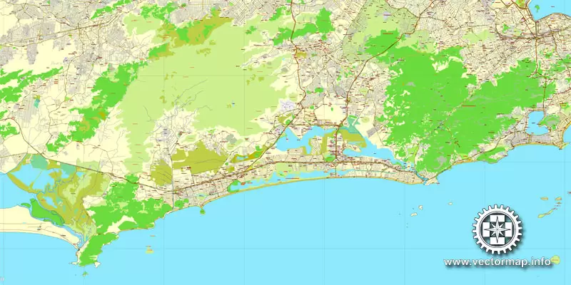 Vector Map Rio de Janeiro, Brazil, printable vector street map, City Plan V.3 full editable, Adobe Illustrator, Royalty free, full vector, scalable, editable, text format street names, 19,8 mb ZIP