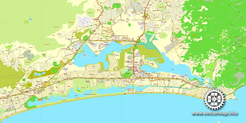 Vector Map Rio de Janeiro, Brazil, printable vector street map, City Plan V.3 full editable, Adobe Illustrator, Royalty free, full vector, scalable, editable, text format street names, 19,8 mb ZIP