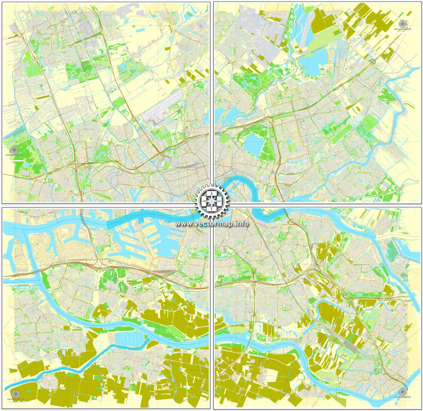 Vector Map Rotterdam, Netherlands, printable vector street map, City Plan V.2 in 4 parts full editable, Adobe Illustrator, Royalty free, full vector, scalable, editable, text format street names, 48,9 mb ZIP
