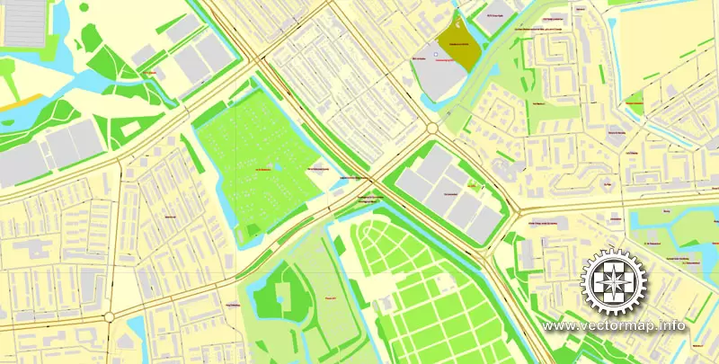 Vector Map Rotterdam, Netherlands, printable vector street map, City Plan V.2 in 4 parts full editable, Adobe Illustrator, Royalty free, full vector, scalable, editable, text format street names, 48,9 mb ZIP