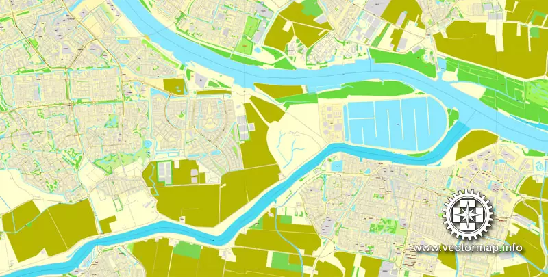 Vector Map Rotterdam, Netherlands, printable vector street map, City Plan V.2 in 4 parts full editable, Adobe Illustrator, Royalty free, full vector, scalable, editable, text format street names, 48,9 mb ZIP
