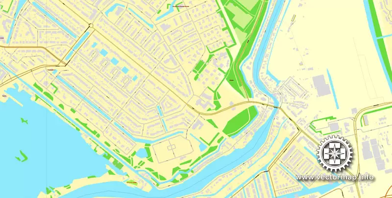 Vector Map Rotterdam, Netherlands, printable vector street map, City Plan V.2 in 4 parts full editable, Adobe Illustrator, Royalty free, full vector, scalable, editable, text format street names, 48,9 mb ZIP