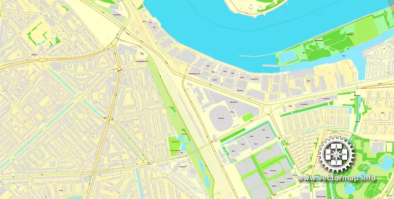 Vector Map Rotterdam, Netherlands, printable vector street map, City Plan V.2 in 4 parts full editable, Adobe Illustrator, Royalty free, full vector, scalable, editable, text format street names, 48,9 mb ZIP