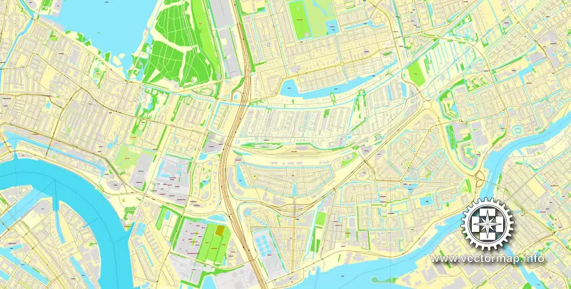 Vector Map Rotterdam, Netherlands, printable vector street map, City Plan V.2 in 4 parts full editable, Adobe Illustrator, Royalty free, full vector, scalable, editable, text format street names, 48,9 mb ZIP