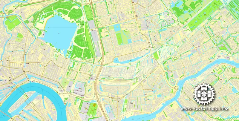 Vector Map Rotterdam, Netherlands, printable vector street map, City Plan V.2 in 4 parts full editable, Adobe Illustrator, Royalty free, full vector, scalable, editable, text format street names, 48,9 mb ZIP