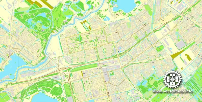 Vector Map Rotterdam, Netherlands, printable vector street map, City Plan V.2 in 4 parts full editable, Adobe Illustrator, Royalty free, full vector, scalable, editable, text format street names, 48,9 mb ZIP