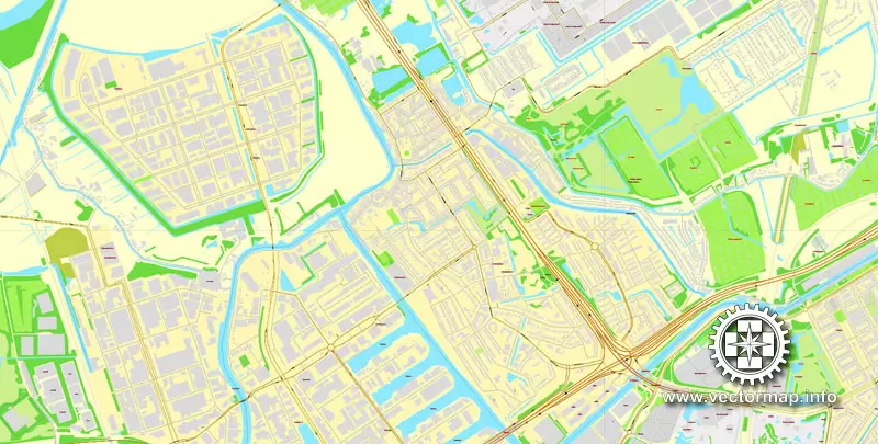 Vector Map Rotterdam, Netherlands, printable vector street map, City Plan V.2 in 4 parts full editable, Adobe Illustrator, Royalty free, full vector, scalable, editable, text format street names, 48,9 mb ZIP