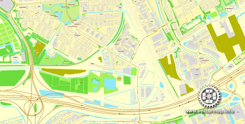 Vector Map Rotterdam, Netherlands, printable vector street map, City Plan V.2 in 4 parts full editable, Adobe Illustrator, Royalty free, full vector, scalable, editable, text format street names, 48,9 mb ZIP