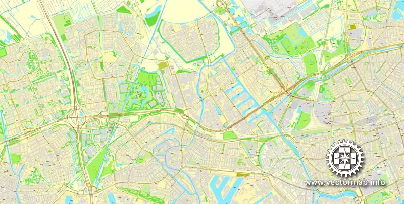 Rotterdam, Netherlands, printable vector street map, City Plan V.2 in 4 parts full editable, Adobe Illustrator