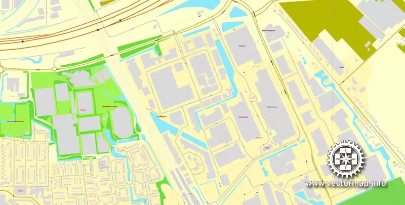 Vector Map Rotterdam, Netherlands, printable vector street map, City Plan V.2 in 4 parts full editable, Adobe Illustrator, Royalty free, full vector, scalable, editable, text format street names, 48,9 mb ZIP