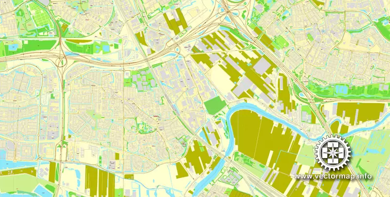 Vector Map Rotterdam, Netherlands, printable vector street map, City Plan V.2 in 4 parts full editable, Adobe Illustrator, Royalty free, full vector, scalable, editable, text format street names, 48,9 mb ZIP