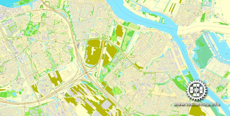 Vector Map Rotterdam, Netherlands, printable vector street map, City Plan V.2 in 4 parts full editable, Adobe Illustrator, Royalty free, full vector, scalable, editable, text format street names, 48,9 mb ZIP