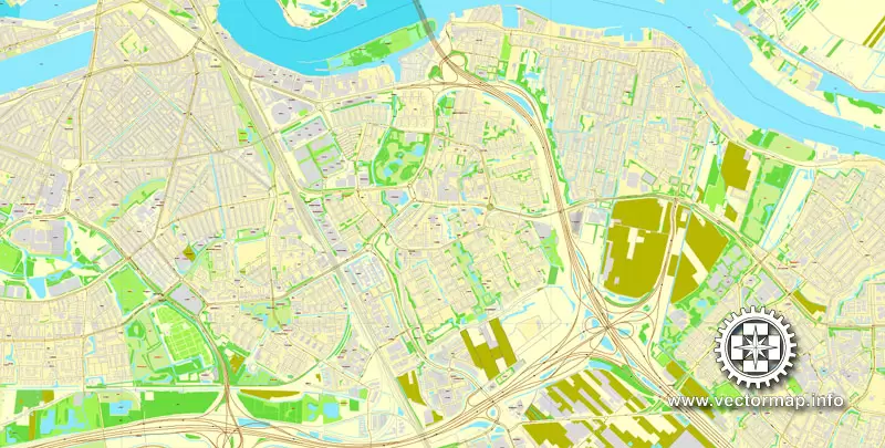 Vector Map Rotterdam, Netherlands, printable vector street map, City Plan V.2 in 4 parts full editable, Adobe Illustrator, Royalty free, full vector, scalable, editable, text format street names, 48,9 mb ZIP