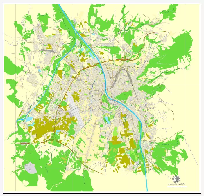 Vector Map Salzburg, Austria, printable vector street map, City Plan full editable, Adobe Illustrator, Royalty free, full vector, scalable, editable, text format street names, 7,2 mb ZIP ALL streets, ALL Buildings.