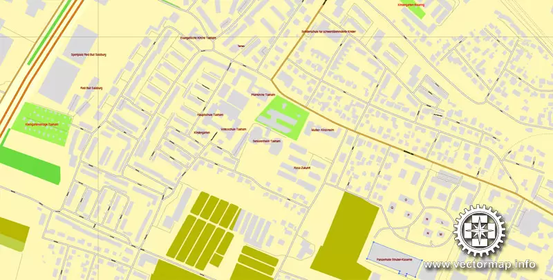 Vector Map Salzburg, Austria, printable vector street map, City Plan full editable, Adobe Illustrator, Royalty free, full vector, scalable, editable, text format street names, 7,2 mb ZIP ALL streets, ALL Buildings.