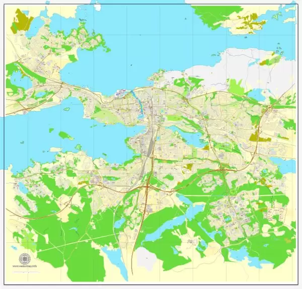 Vector Map Tampere, Finland, printable vector street map, City Plan full editable, Adobe Illustrator, Royalty free, full vector, scalable, editable, text format street names, 5,0 mb ZIP All streets, All buildings.