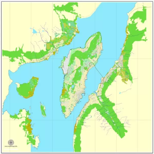Vector Map Tromsø / Tromso, Norway, printable vector street map, City Plan V.2, full editable, Adobe Illustrator, Royalty free, full vector, scalable, editable, text format street names, 2,1 mb ZIP All streets, some more buildings.