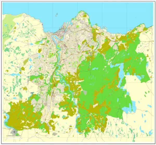 Vector Map Trondheim, Norway, printable vector street map, City Plan full editable, Adobe Illustrator, Royalty free, full vector, scalable, editable, text format street names, 5,7 mb ZIP ALL streets, All Buildings.