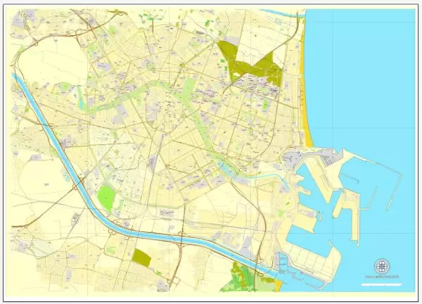 Vector Map Valencia, Spain, printable vector street map, City Plan V.2, full editable, Adobe Illustrator, Royalty free, full vector, scalable, editable, text format street names, 3,3 mb ZIP All streets, some more buildings.