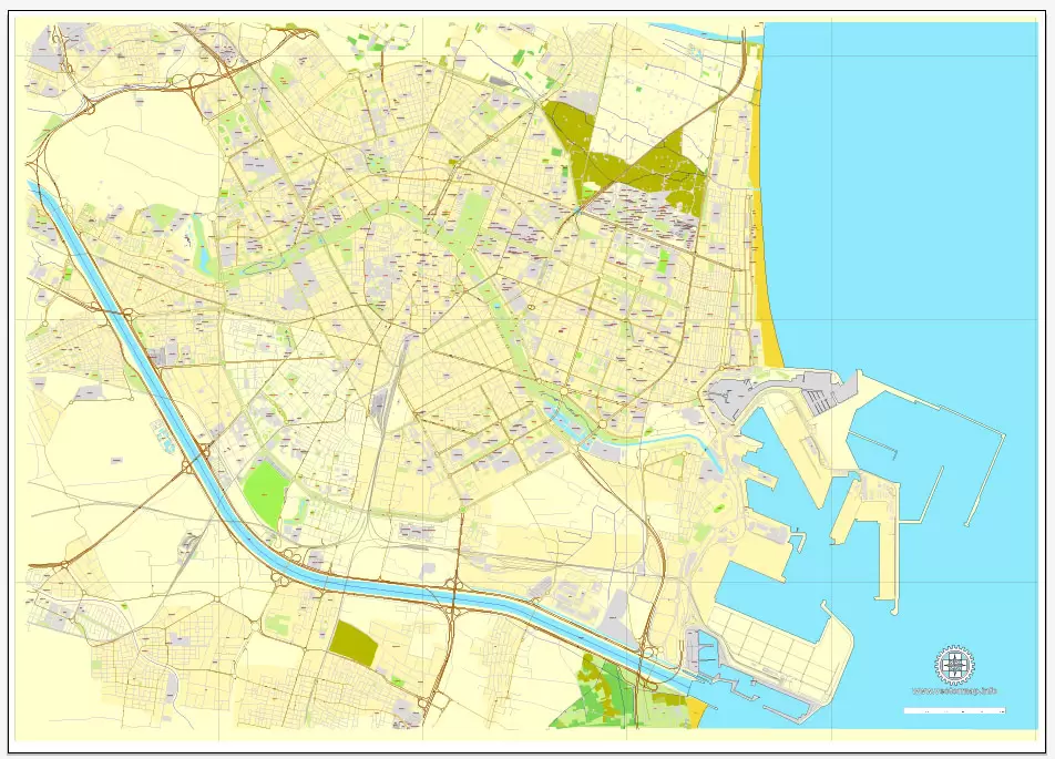 Vector Map Valencia, Spain, printable vector street map, City Plan V.2, full editable, Adobe Illustrator, Royalty free, full vector, scalable, editable, text format street names, 3,3 mb ZIP All streets, some more buildings.