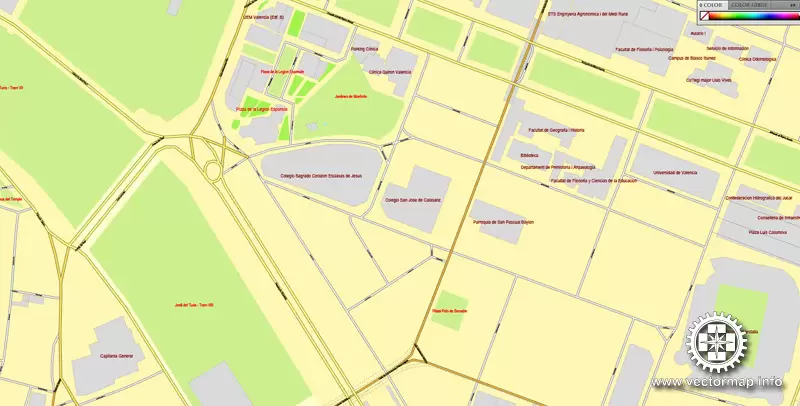 Vector Map Valencia, Spain, printable vector street map, City Plan V.2, full editable, Adobe Illustrator, Royalty free, full vector, scalable, editable, text format street names, 3,3 mb ZIP All streets, some more buildings.