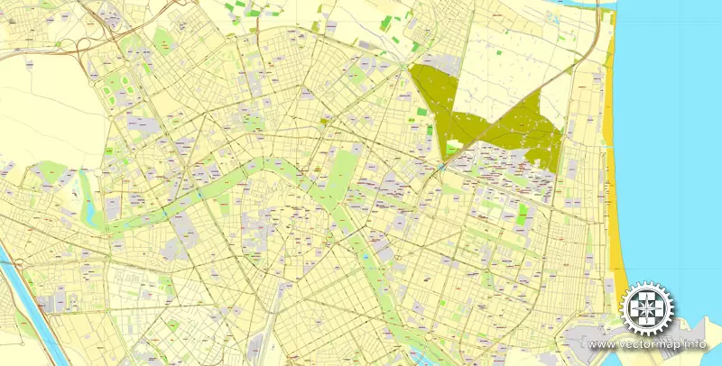 Vector Map Valencia, Spain, printable vector street map, City Plan V.2, full editable, Adobe Illustrator, Royalty free, full vector, scalable, editable, text format street names, 3,3 mb ZIP All streets, some more buildings.