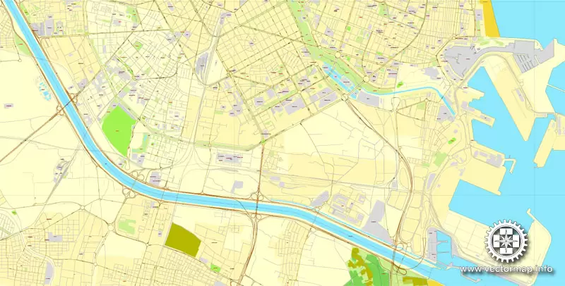 Vector Map Valencia, Spain, printable vector street map, City Plan V.2, full editable, Adobe Illustrator, Royalty free, full vector, scalable, editable, text format street names, 3,3 mb ZIP All streets, some more buildings.