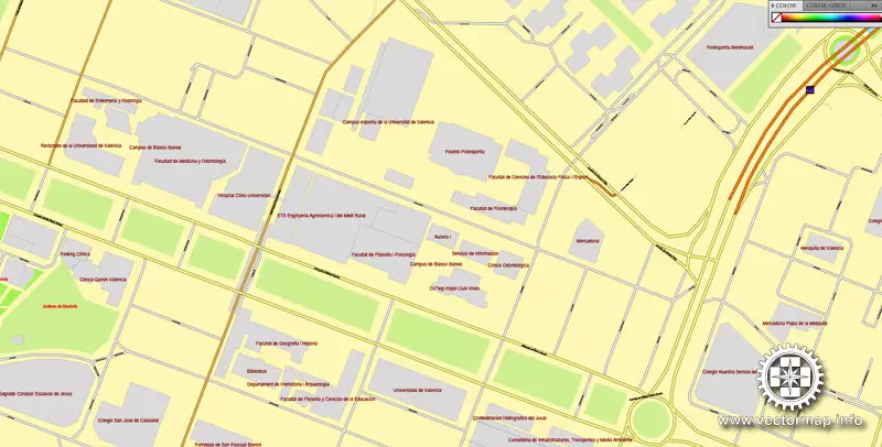 Vector Map Valencia, Spain, printable vector street map, City Plan V.2, full editable, Adobe Illustrator, Royalty free, full vector, scalable, editable, text format street names, 3,3 mb ZIP All streets, some more buildings.