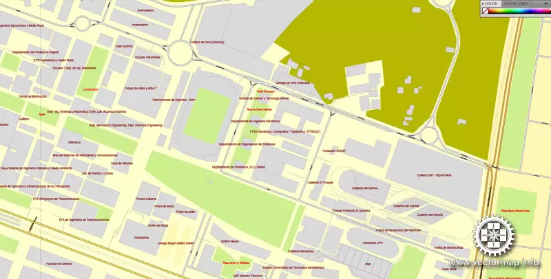 Vector Map Valencia, Spain, printable vector street map, City Plan V.2, full editable, Adobe Illustrator, Royalty free, full vector, scalable, editable, text format street names, 3,3 mb ZIP All streets, some more buildings.
