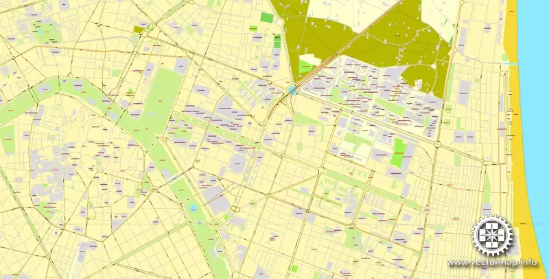 Vector Map Valencia, Spain, printable vector street map, City Plan V.2, full editable, Adobe Illustrator, Royalty free, full vector, scalable, editable, text format street names, 3,3 mb ZIP All streets, some more buildings.