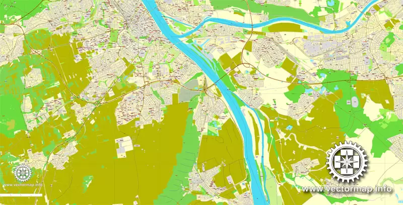 Vector Map Mainz / Wiesbaden, Germany, printable vector street map, City Plan V.2, full editable, Adobe Illustrator, Royalty free, full vector, scalable, editable, text format street names, 13,3 mb ZIP