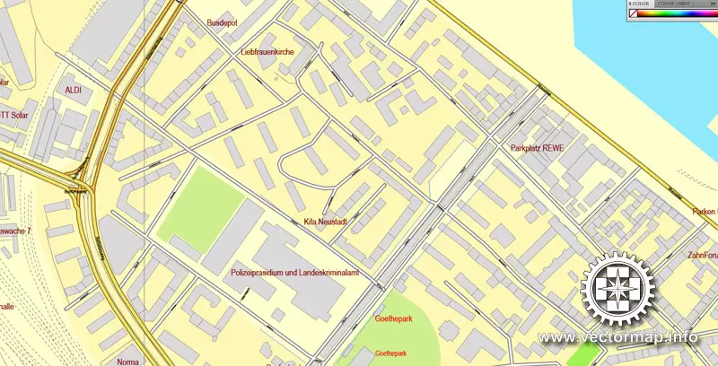 Vector Map Mainz / Wiesbaden, Germany, printable vector street map, City Plan V.2, full editable, Adobe Illustrator, Royalty free, full vector, scalable, editable, text format street names, 13,3 mb ZIP